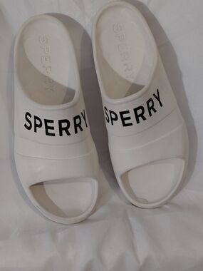 Sperry White Slide Sandals with Black Logo Band